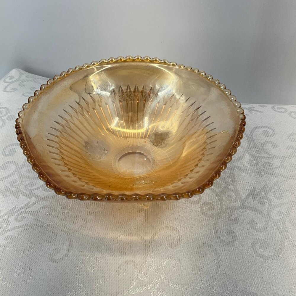 Vintage Amber Glass Carnival Serving Bowl With‎ Scalloped Edge